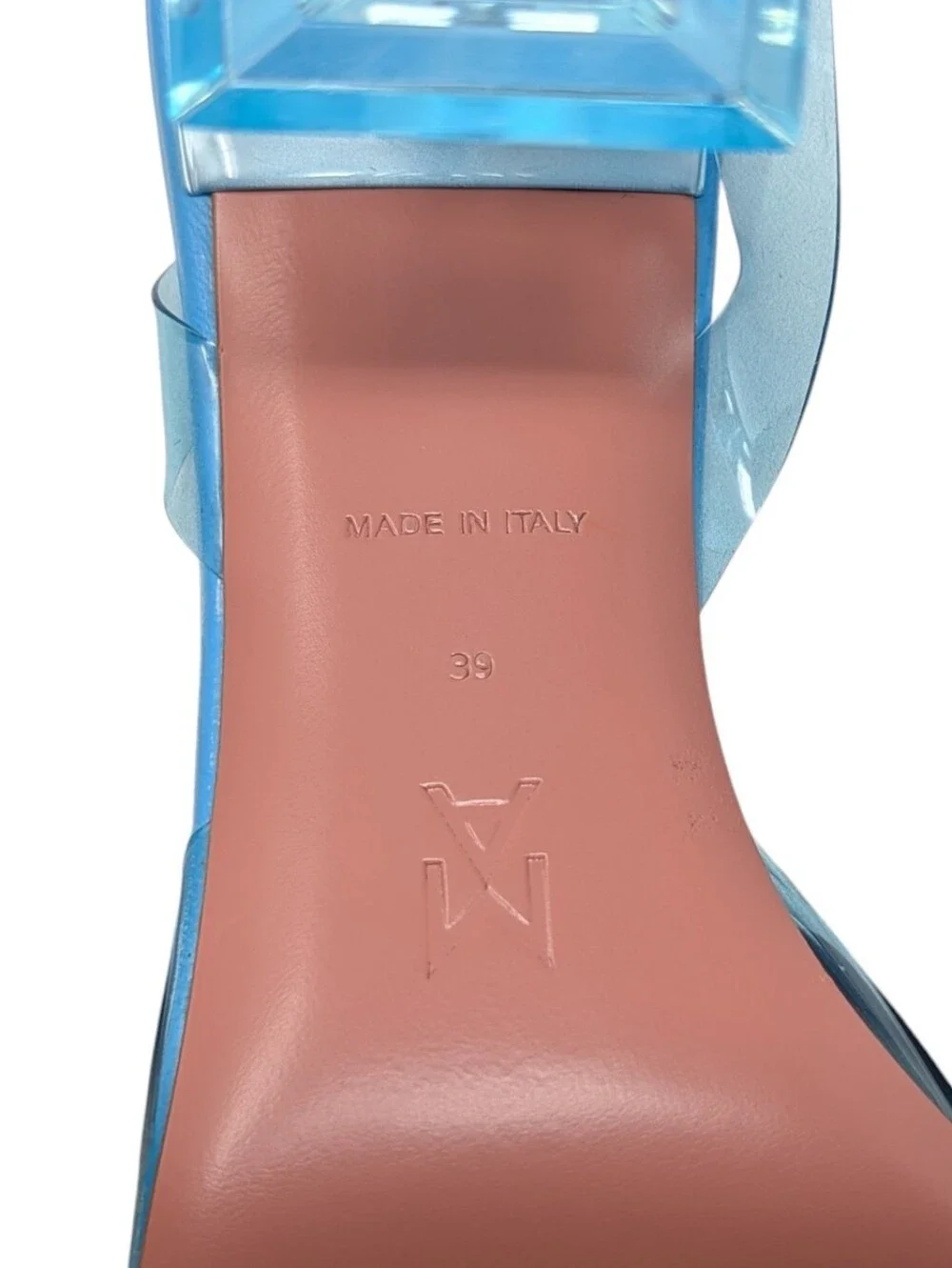 Amina Muaddi Begum PVC Plexi Glass Slingback Sky Blue 70mm Heel Size EU 39